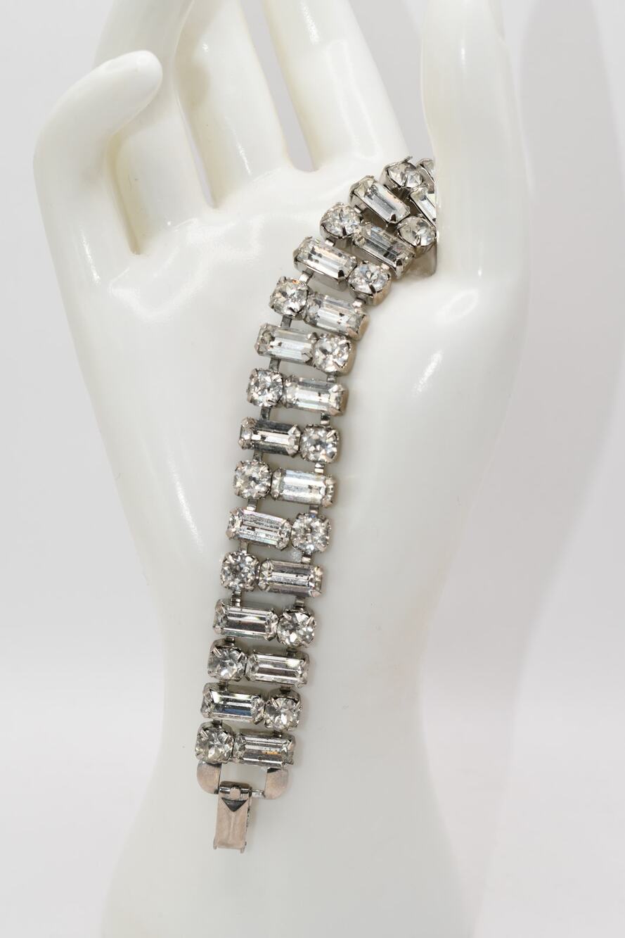 Vintage Weiss Clear Rhinestone Bracelet Emerald Cut Rhodium 7.25"